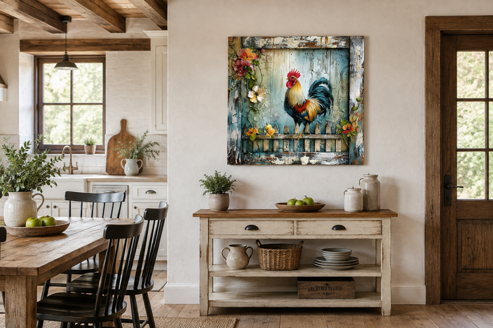 Rooster on a fence rustic farmhouse framed canvas wall art in a country kitchen setting.