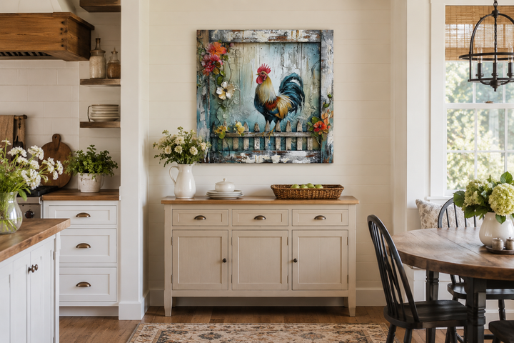 Rooster on a fence rustic farmhouse framed canvas wall art hanging above a beige sideboard.