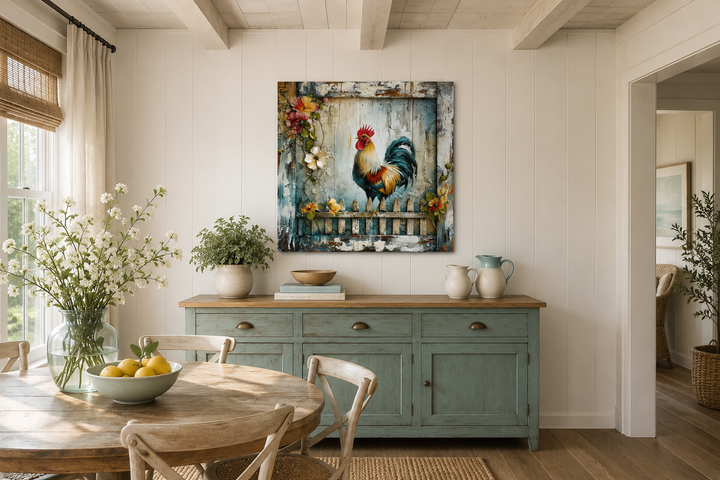 Rooster on a fence rustic farmhouse framed canvas wall art hanging above a blue sideboard.