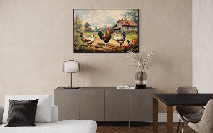 Roosters And Chickens On The Farm Framed Canvas Wall Art