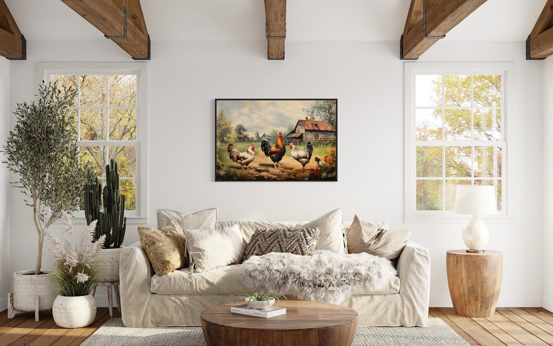 Roosters and chickens on the farm framed canvas wall art in a rustic farmhouse living room.