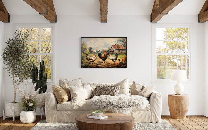 Roosters and chickens on the farm framed canvas wall art in a rustic farmhouse living room.