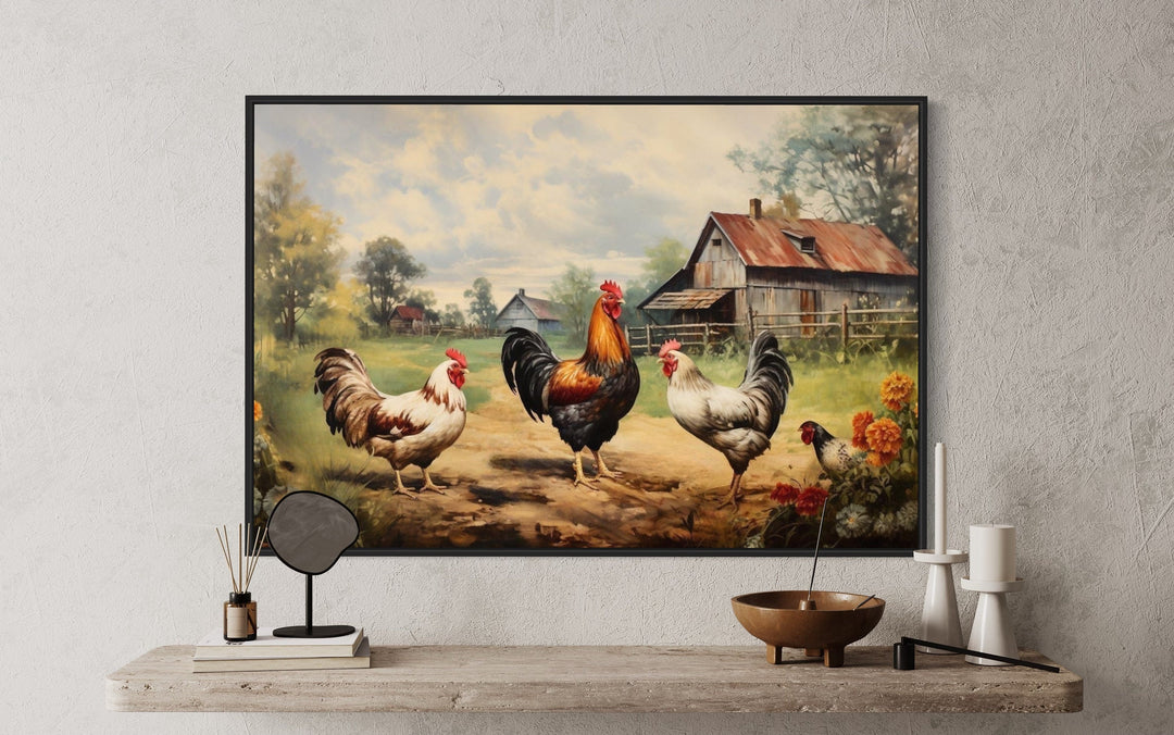 Framed canvas wall art of roosters and chickens in a farmyard with a rustic barn background.