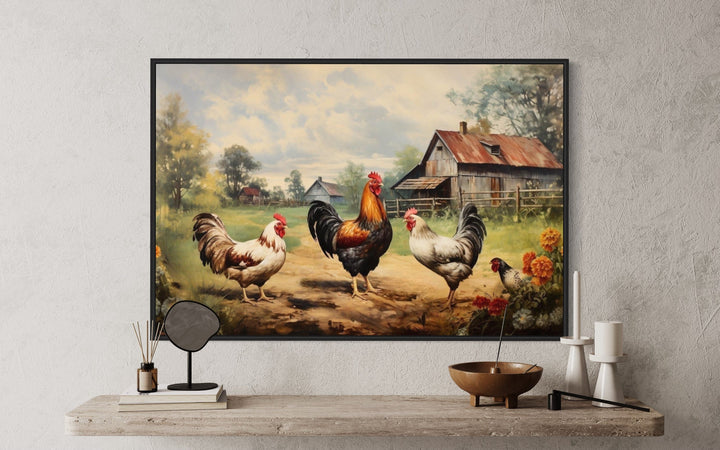 Framed canvas wall art of roosters and chickens in a farmyard with a rustic barn background.