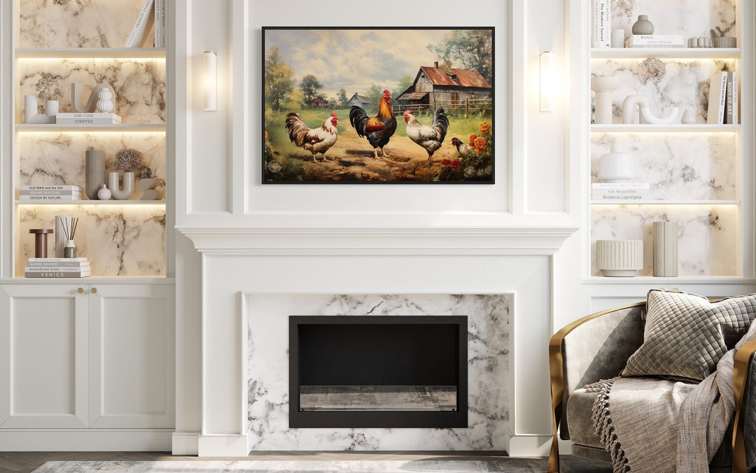 Framed canvas wall art of roosters and chickens on a farm, hung above a white marble fireplace.