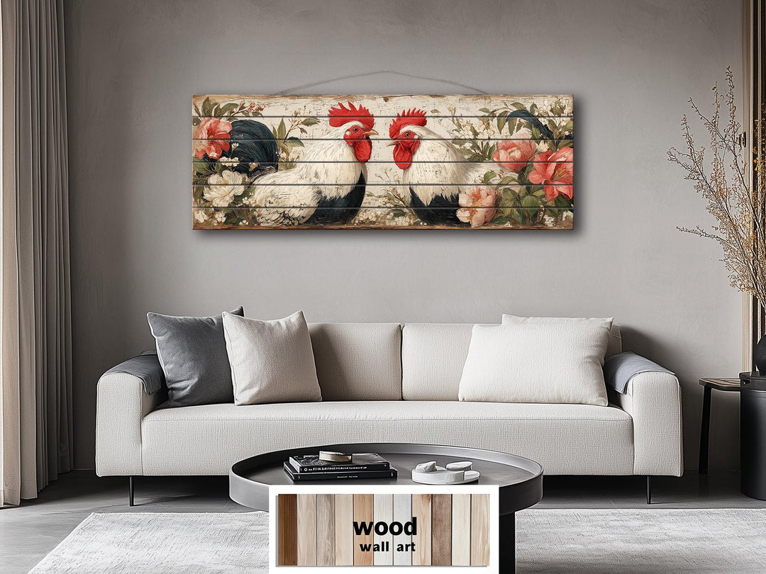 Roosters Pair In Floral Garden Distressed Wood Wall Art