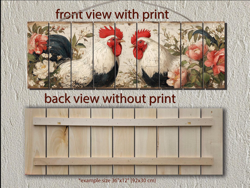 Roosters Pair In Floral Garden Distressed Wood Wall Art