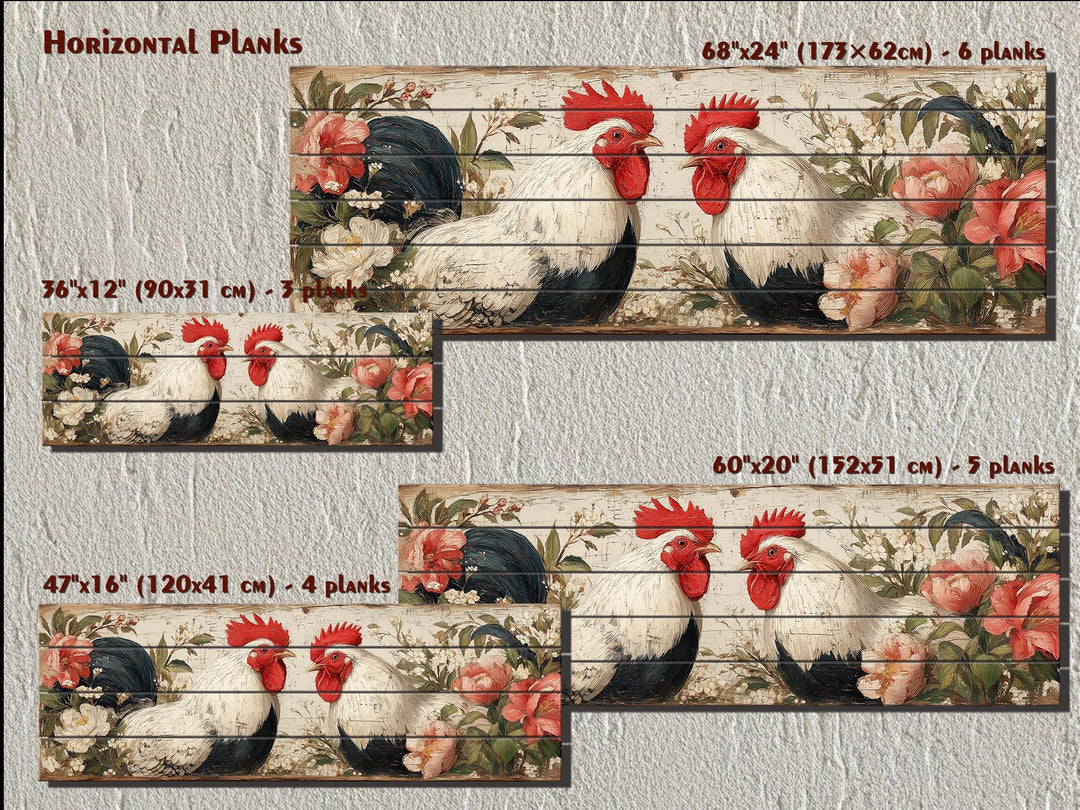 Roosters Pair In Floral Garden Distressed Wood Wall Art