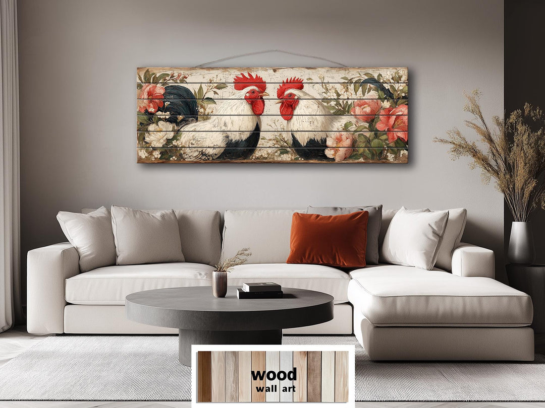 Roosters Pair In Floral Garden Distressed Wood Wall Art