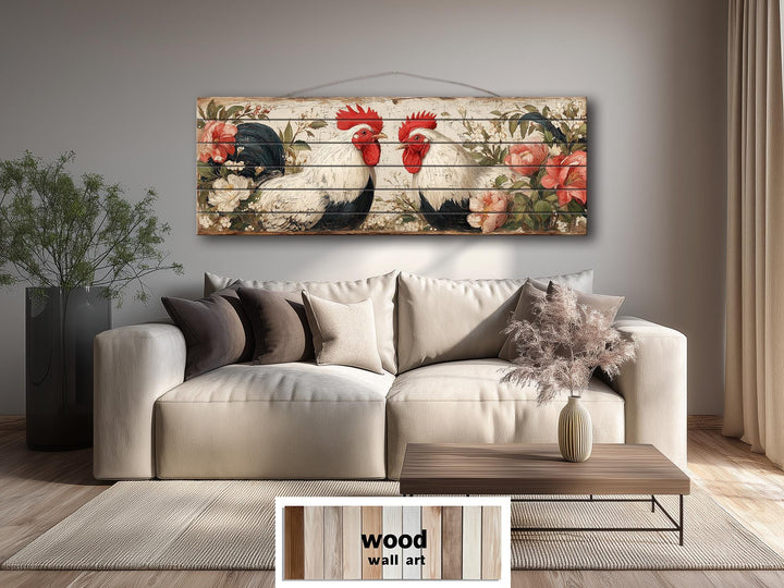 Roosters Pair In Floral Garden Distressed Wood Wall Art