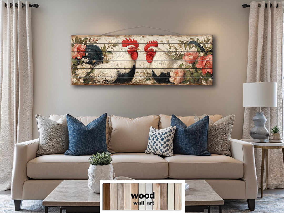 Roosters Pair In Floral Garden Distressed Wood Wall Art