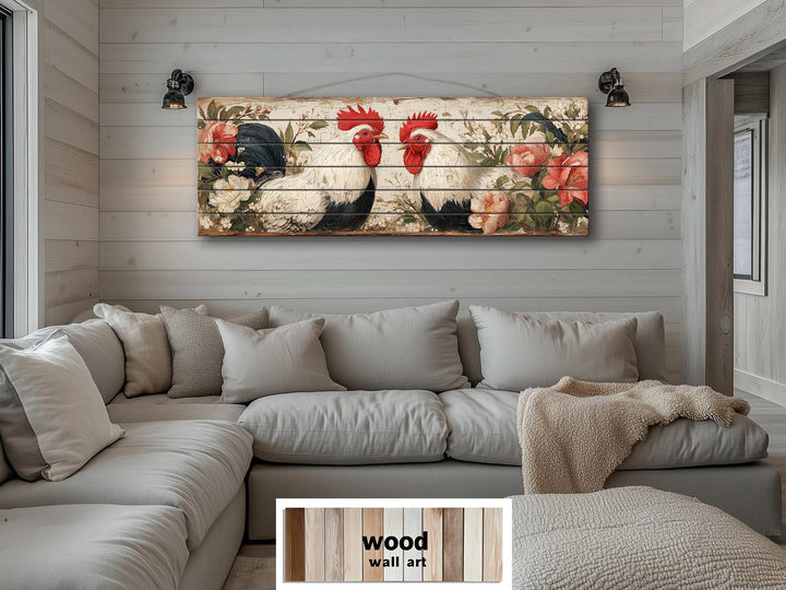 Roosters Pair In Floral Garden Distressed Wood Wall Art