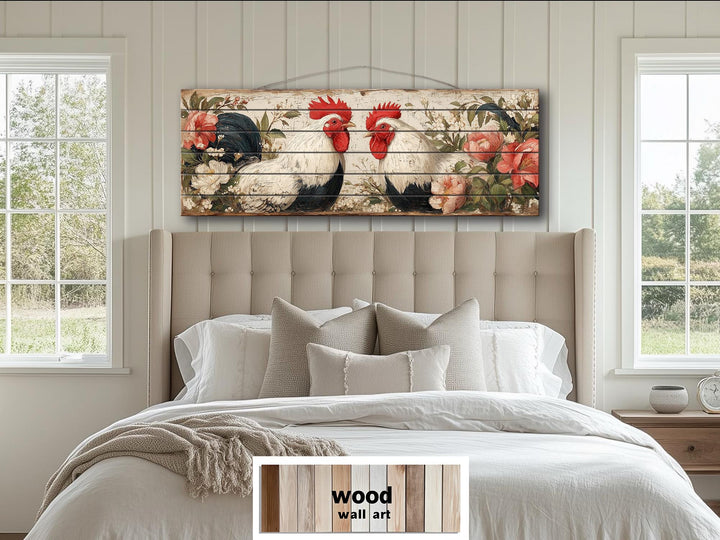 Roosters Pair In Floral Garden Distressed Wood Wall Art