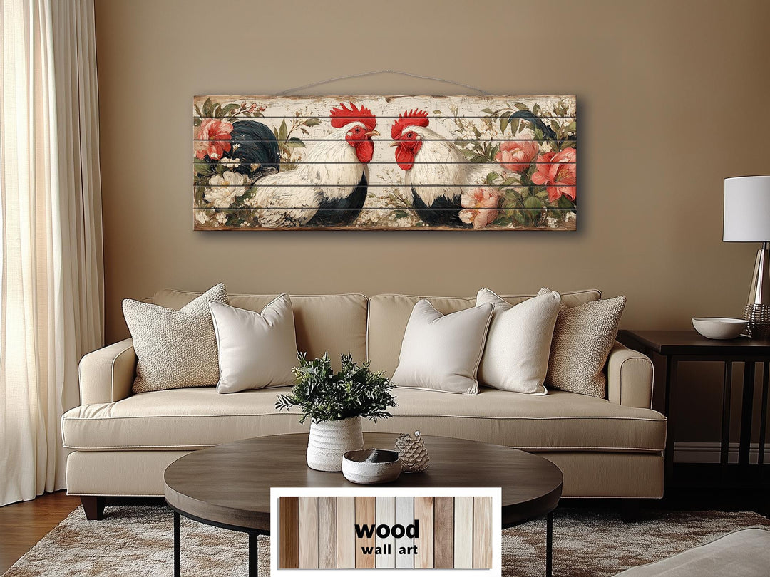 Roosters Pair In Floral Garden Distressed Wood Wall Art