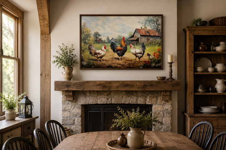 Roosters and chickens on a farm framed canvas wall art above a rustic stone fireplace.