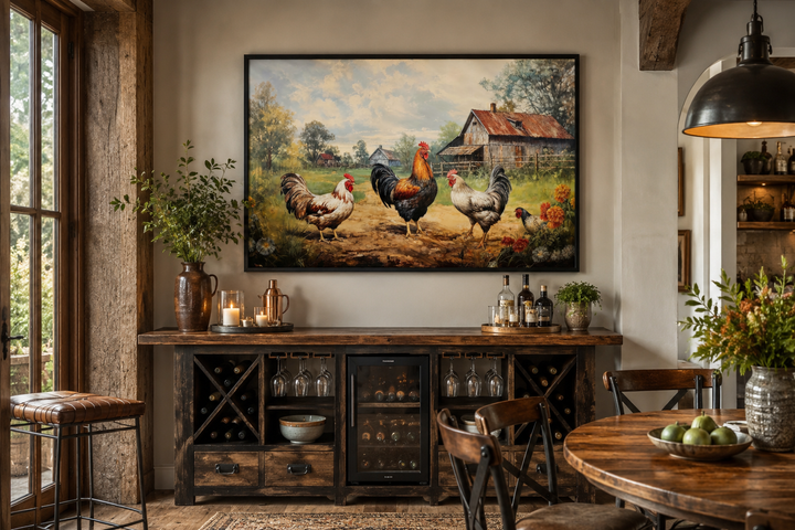 Roosters and chickens on a farm framed canvas wall art above a rustic wooden bar in a kitchen.