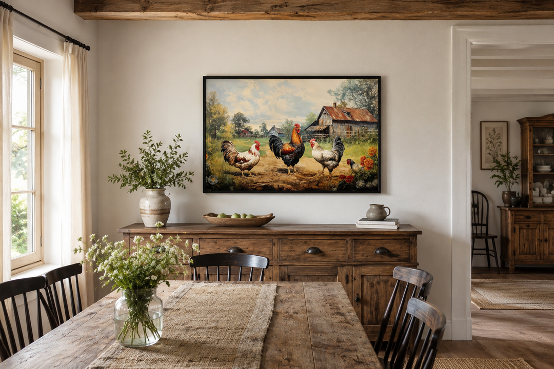 Framed canvas wall art of roosters and chickens in a farmyard above a rustic wooden sideboard.