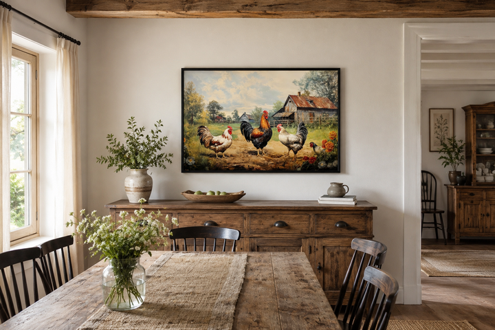 Framed canvas wall art of roosters and chickens in a farmyard above a rustic wooden sideboard.