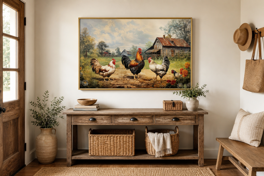 Framed canvas wall art of roosters and chickens in a farmyard above a rustic console table.