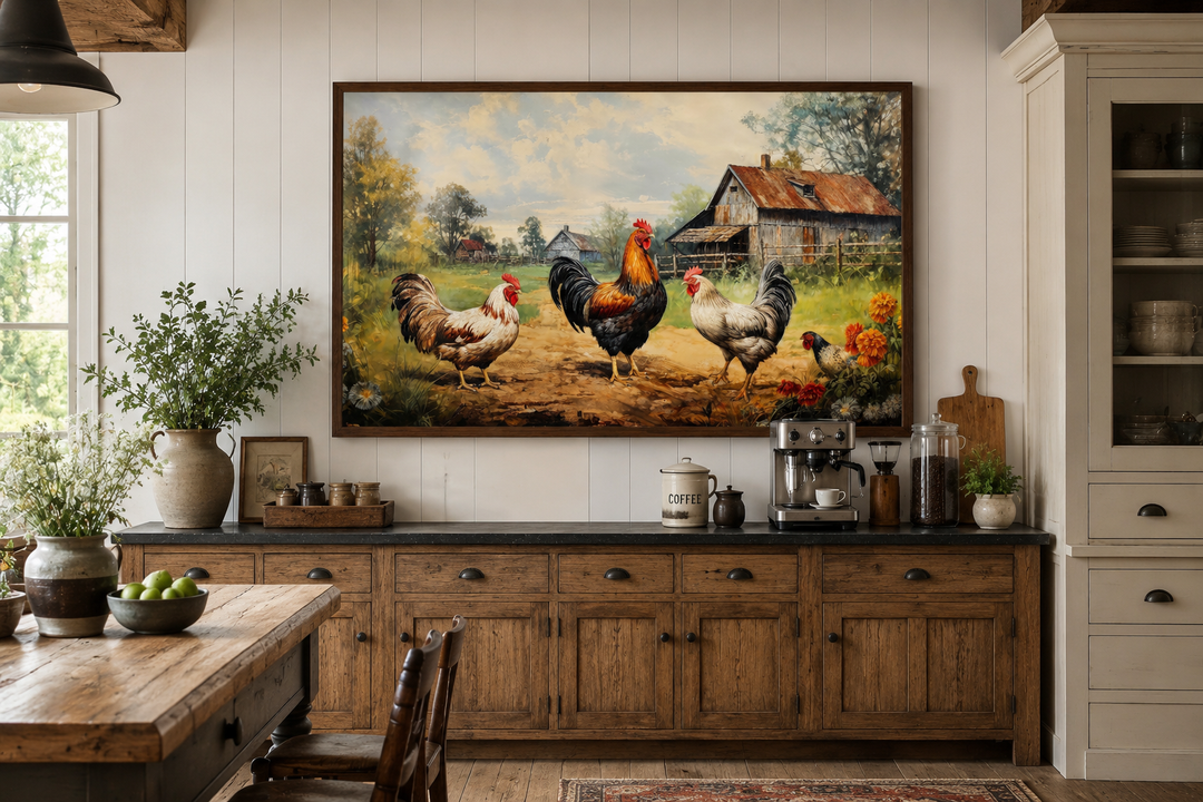 Roosters and chickens on the farm framed canvas wall art in a rustic farmhouse kitchen.