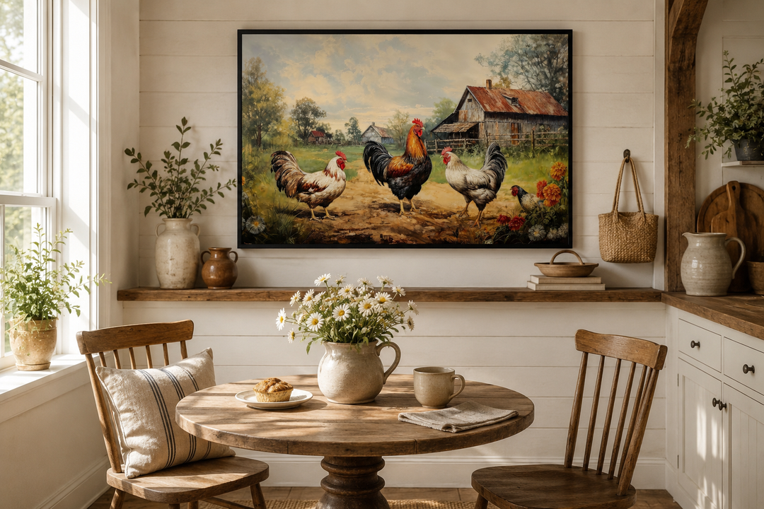 Roosters and chickens on the farm framed canvas wall art in a rustic farmhouse kitchen setting.