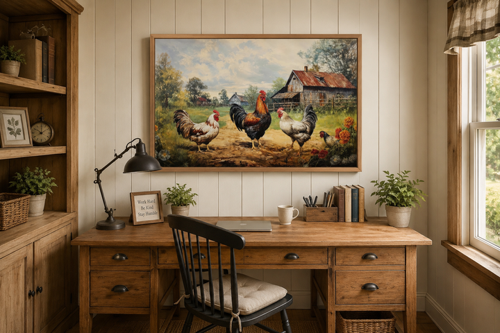 Roosters and chickens on a farm framed canvas wall art hanging above a wooden desk in a home office.