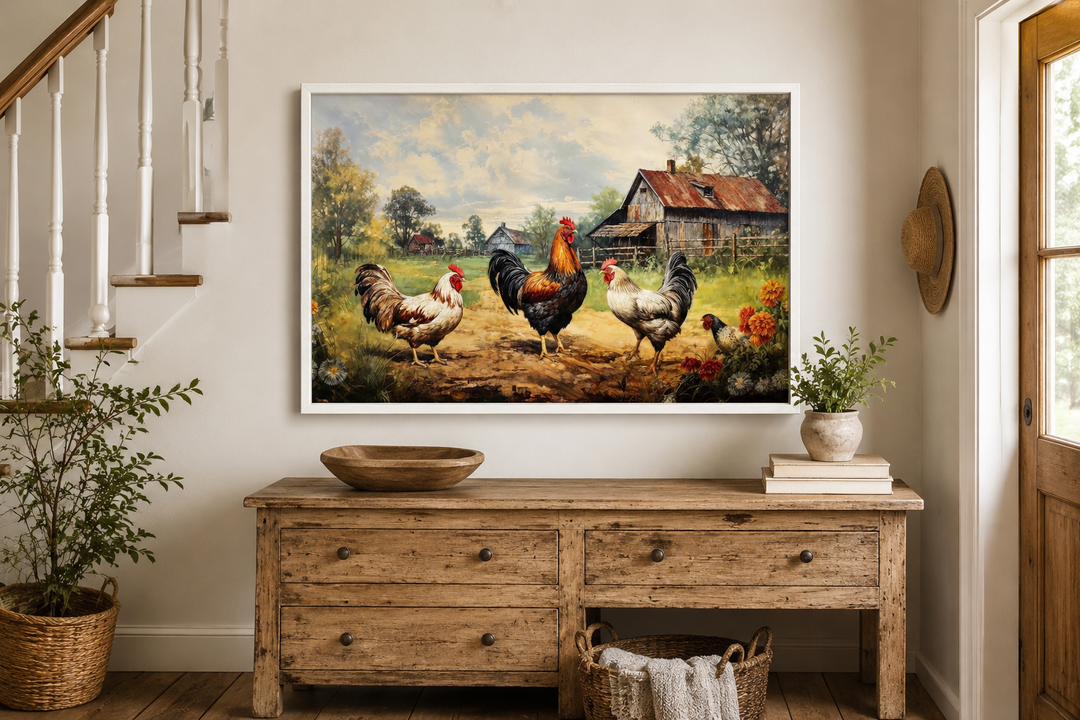 Framed canvas wall art of roosters and chickens in a farmyard above a rustic wooden console table.