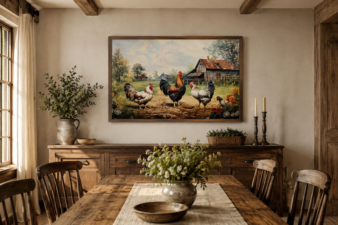 Roosters and chickens on a farm framed canvas wall art in a rustic farmhouse dining room.