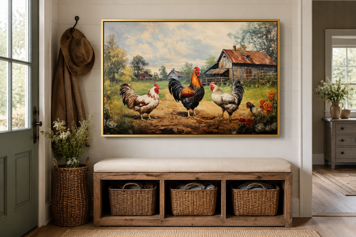 Roosters and chickens on a farm framed canvas wall art in a farmhouse entryway above a bench.