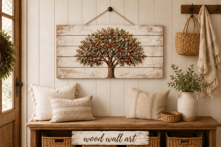 Apple tree wall art printed on rustic distressed wood planks hanging in a farmhouse entryway.