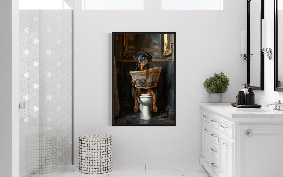 Rottweiler Dog On The Toilet Reading Newspaper Picture