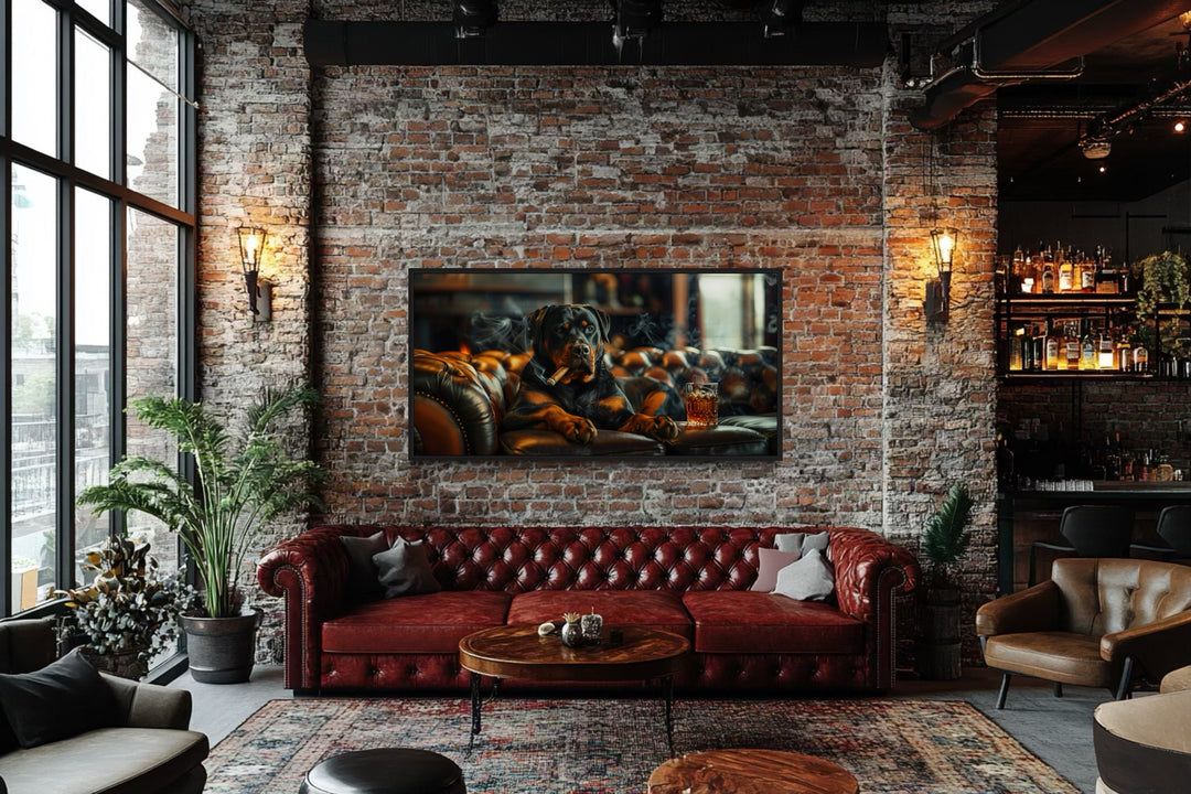 Rottweiler On Couch Smoking Cigar Drinking Whiskey Wall Art For Bar