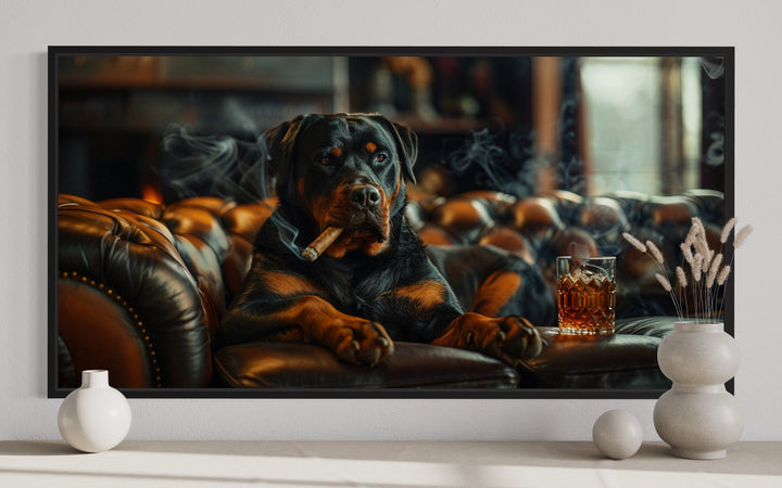 Rottweiler On Couch Smoking Cigar Drinking Whiskey Wall Art For Bar