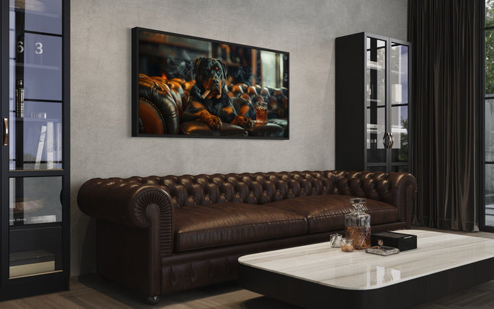 Rottweiler On Couch Smoking Cigar Drinking Whiskey Wall Art For Bar