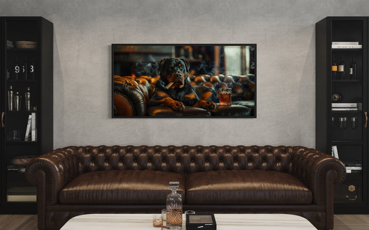 Rottweiler On Couch Smoking Cigar Drinking Whiskey Wall Art For Bar