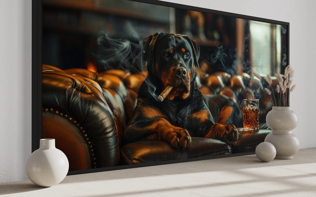 Rottweiler On Couch Smoking Cigar Drinking Whiskey Wall Art For Bar