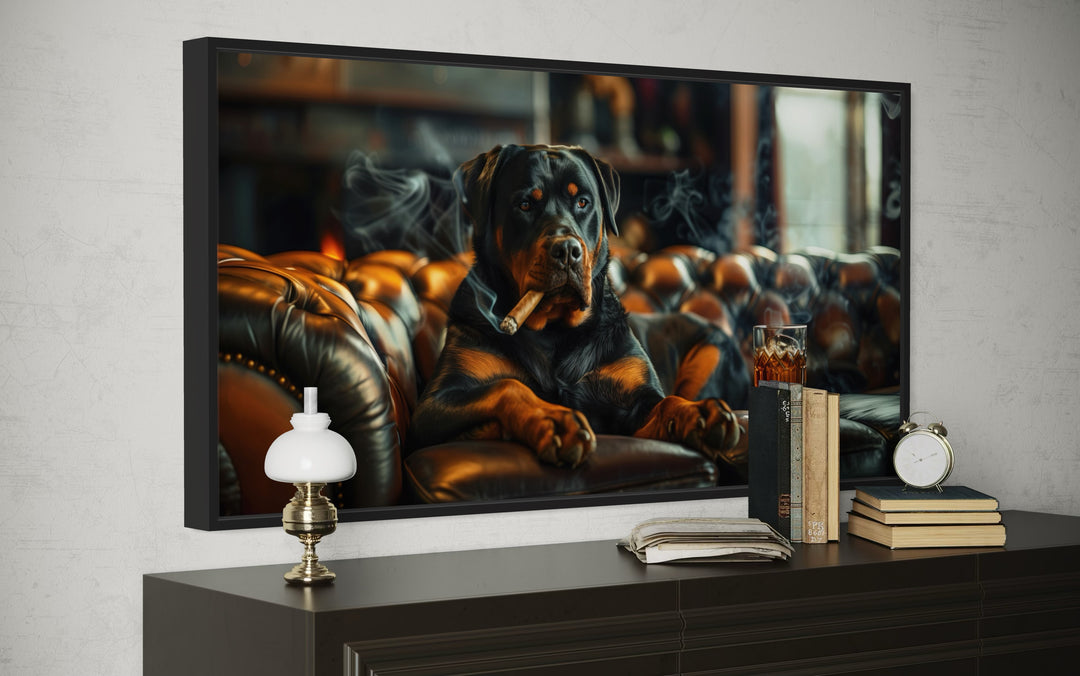 Rottweiler On Couch Smoking Cigar Drinking Whiskey Wall Art For Bar