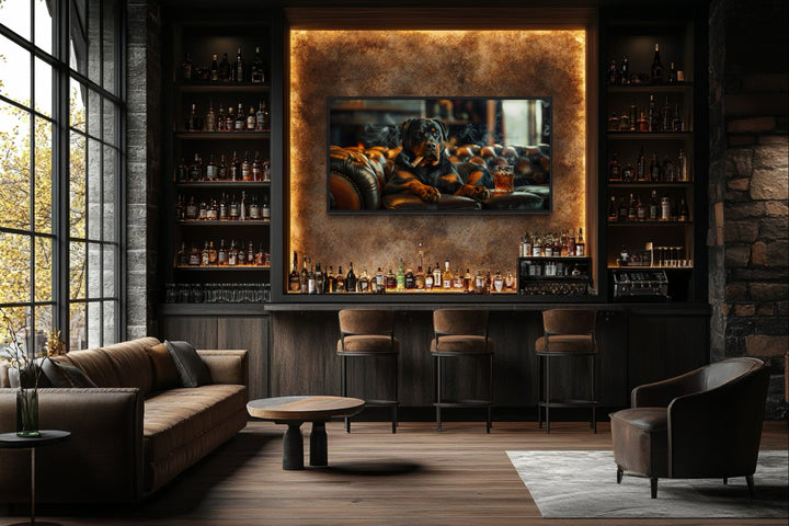 Rottweiler On Couch Smoking Cigar Drinking Whiskey Wall Art For Bar