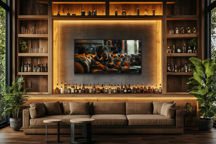 Rottweiler On Couch Smoking Cigar Drinking Whiskey Wall Art For Bar