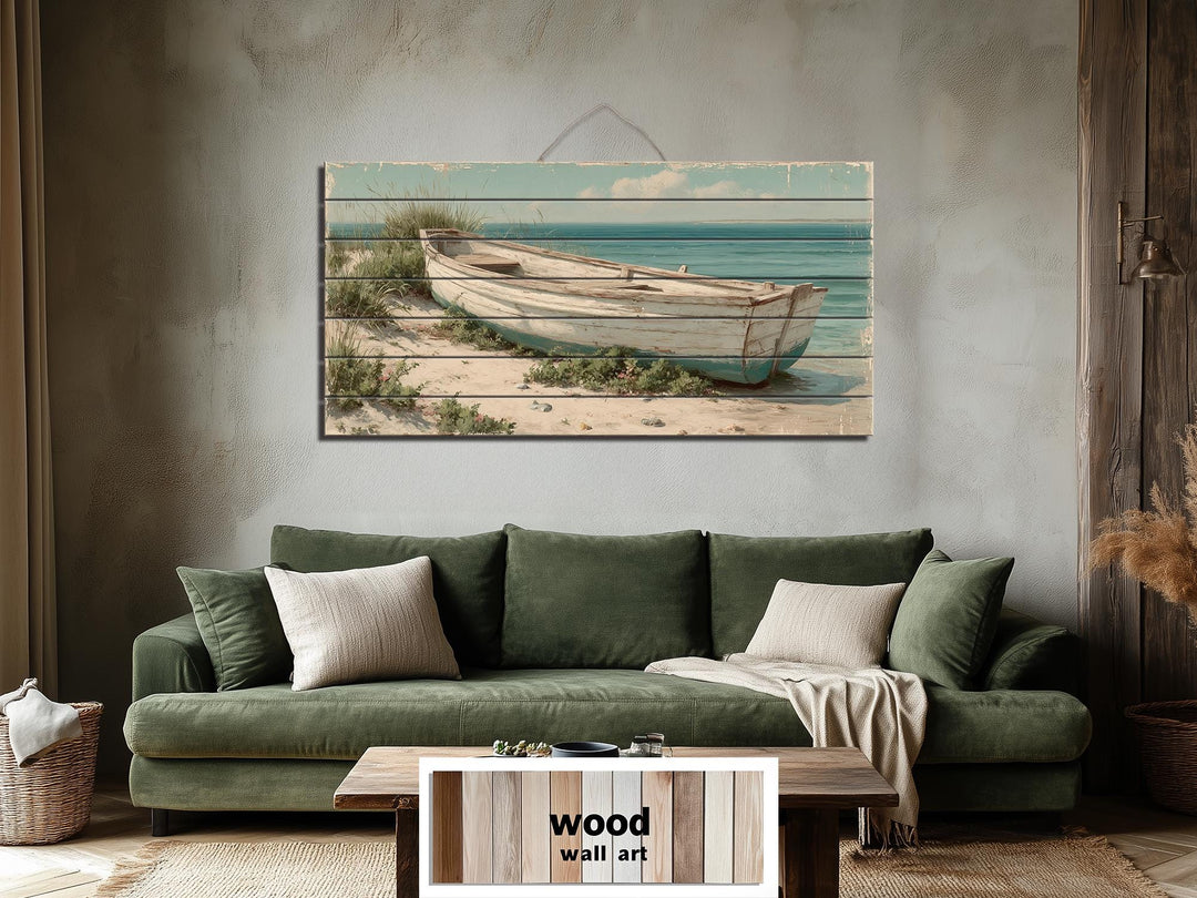 Rowboat On Coastal Shore Distressed Wood Wall Art