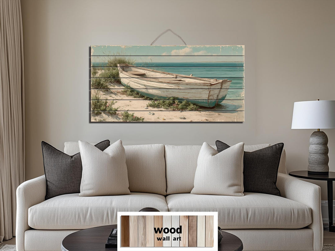 Rowboat On Coastal Shore Distressed Wood Wall Art
