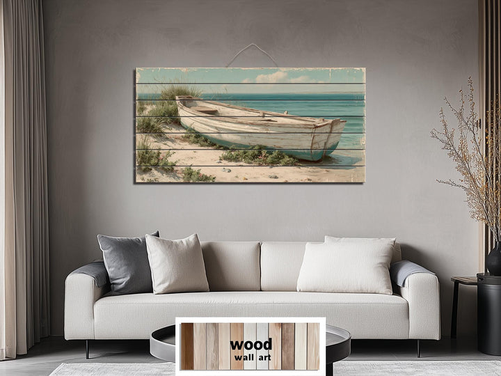 Rowboat On Coastal Shore Distressed Wood Wall Art