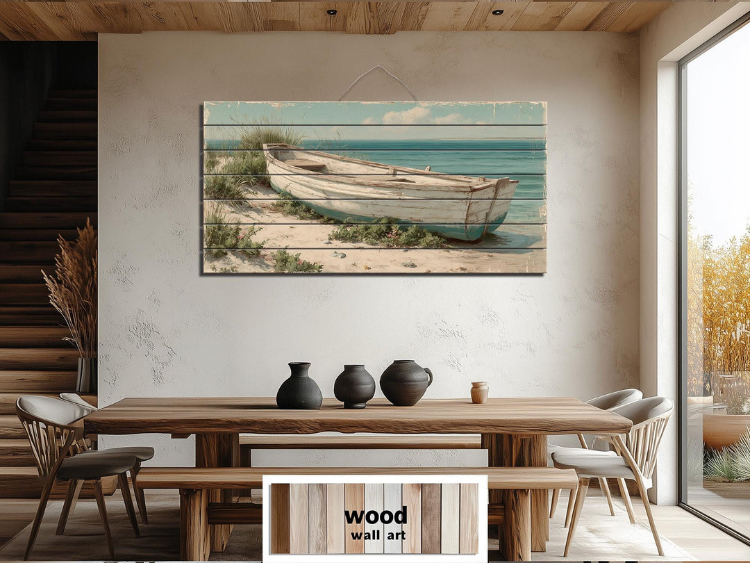 Rowboat On Coastal Shore Distressed Wood Wall Art