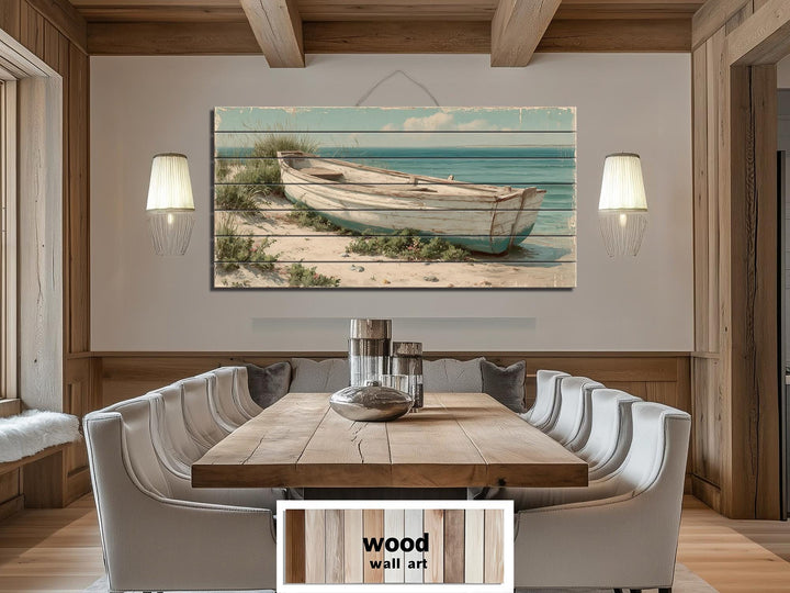 Rowboat On Coastal Shore Distressed Wood Wall Art