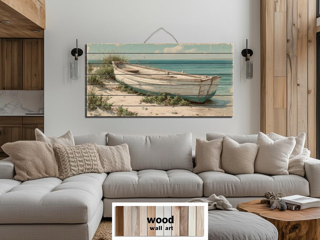 Rowboat On Coastal Shore Distressed Wood Wall Art