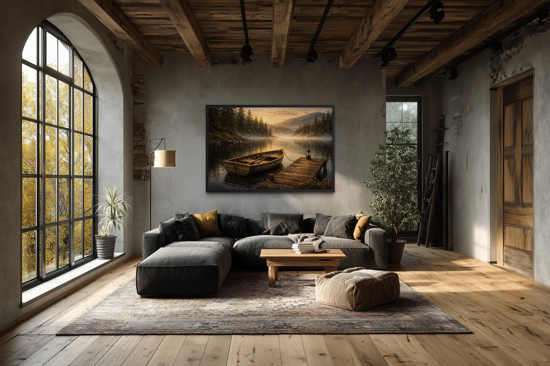 Rustic rowboat painting on canvas featuring a peaceful lake dock scene in a moody, earthy palette.