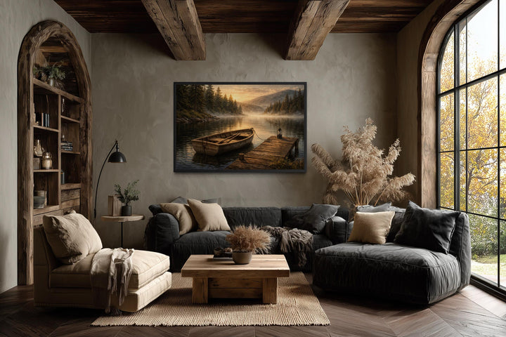 A rustic canvas painting of a rowboat at a peaceful lake dock hangs in a cozy, earth-toned room.
