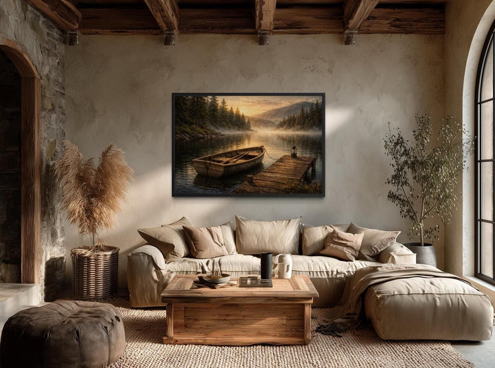 A rustic canvas painting of a rowboat at a peaceful lake dock hangs in a cozy, earth-toned room.