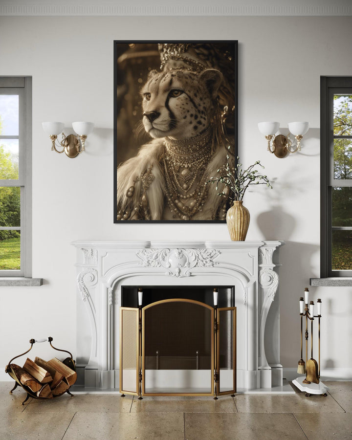 A framed canvas portrait of a cheetah wearing a royal crown and jewelry above a white fireplace.
