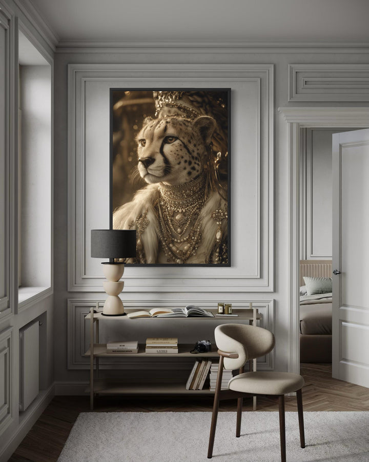A framed canvas wall art of a royal cheetah wearing an ornate crown and jewelry in a classic room.